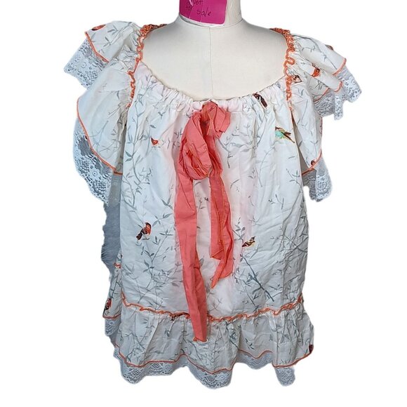 Fox & Heron Dress Bird Print Lace Trim Bow Girls 6 A Line Short Sleeves Comfort - Picture 3 of 14